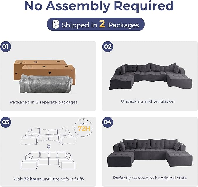MAXYOYO 129.5" Modular Sectional Sofa Couch, U Shaped Modern Cloud Couch with 2 Ottomans, Sofa in A Box, Tufted 6-Seat Boneless Sleeper Chair for Living Room, No Assembly Required, Grey