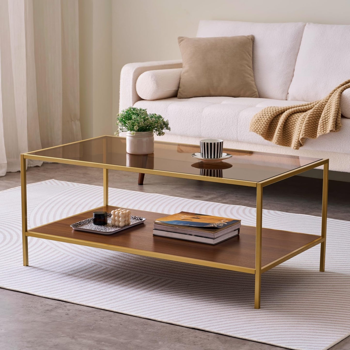 LumFurn Glass Coffee Table for Living Room and Bedroom, 2-Tier Mid-Century Modern Table with Amber Tempered Glass Top and Walnut Finish Wood Shelf, Metal Legs with Gold Finish