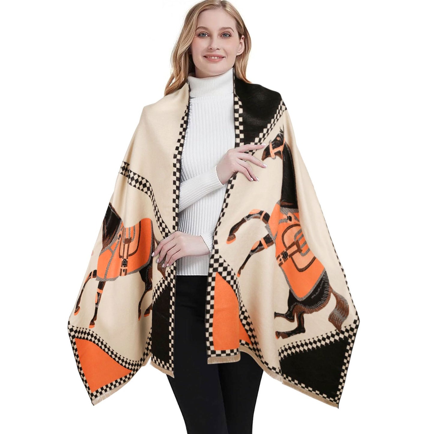 Aurolran Scarfs for Women Pashmina Silky Shawl Wrap for Evening Dressing Blanket Open Front Poncho Cape (SCF001-Beige-orange-horse)