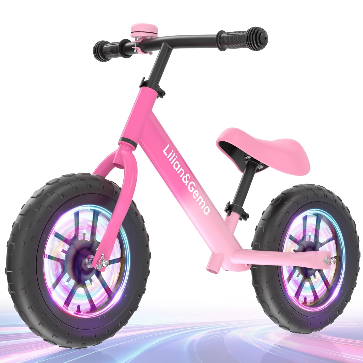 Lilian&Gema Toddler Balance Bike Colorful Lighting, 12'' Kids Balance Bike for 2-5 Years Old with Adjustable Seat & Handlebar, Toddler Gift Bike Suitable for Boys and Girls Ages 2 3 4 5, Pink