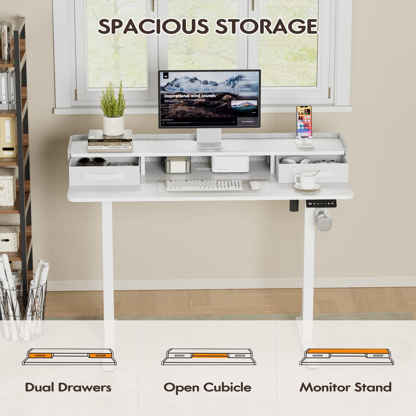 Furmax Electric Standing Desk with Drawers, Stand Up Desk with Storage Shelf Height Adjustable Computer Desk with Organizer for Home Office Ergonomic(White, 48 Inch)