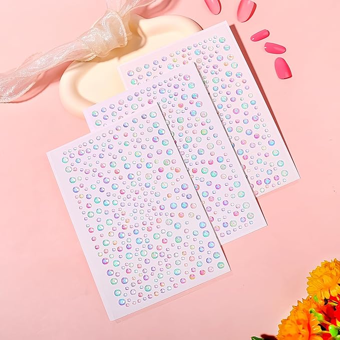975PCS Gem Stickers Jewels for Crafts Face Gems 3/4/5/6MM Aurora Hair Nails Craft DIY Decor Makeup Stick on Body Crystal Clear Crystal Face Jewels for Women Face Gems Dtick On