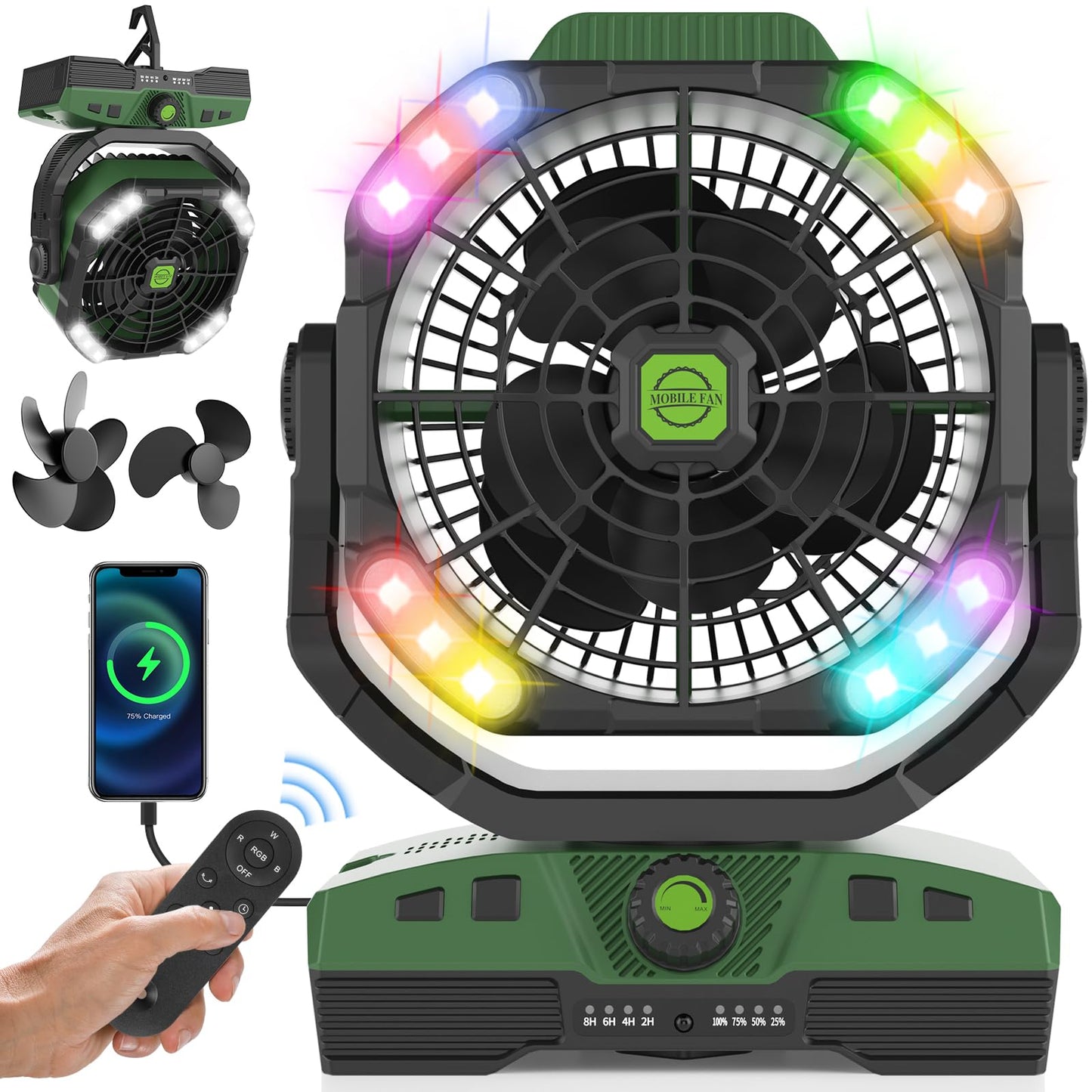 Runtop 20000Mah Oscillation Camping Fan, Rechargeable Fan With Rgb, Remote, Battery Operated Outdoor Tent Fans W/Hanging Hook, P
