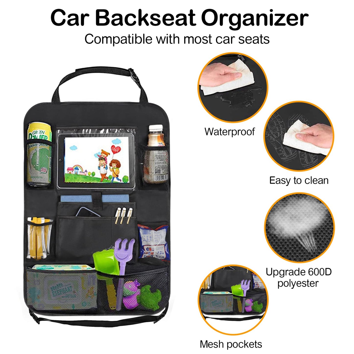 JUCAINHI Car Storage Organizer 2 PCS,Car Backseat Organizer for Kids Durable Waterproof Oxford Fabric with Touchable Tablet Holder 8 Mesh Pockets and 2 Pockets for Snacks Toys,Car Travel Accessories