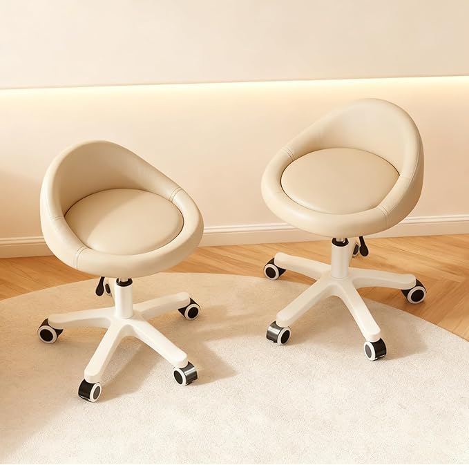 Walktory Round Rolling Stool with PU Leather Low Backrest, Hydraulic Height-Adjustable Swivel Chair for Spa, Salon, Tattoo, Massage, or Medical Office