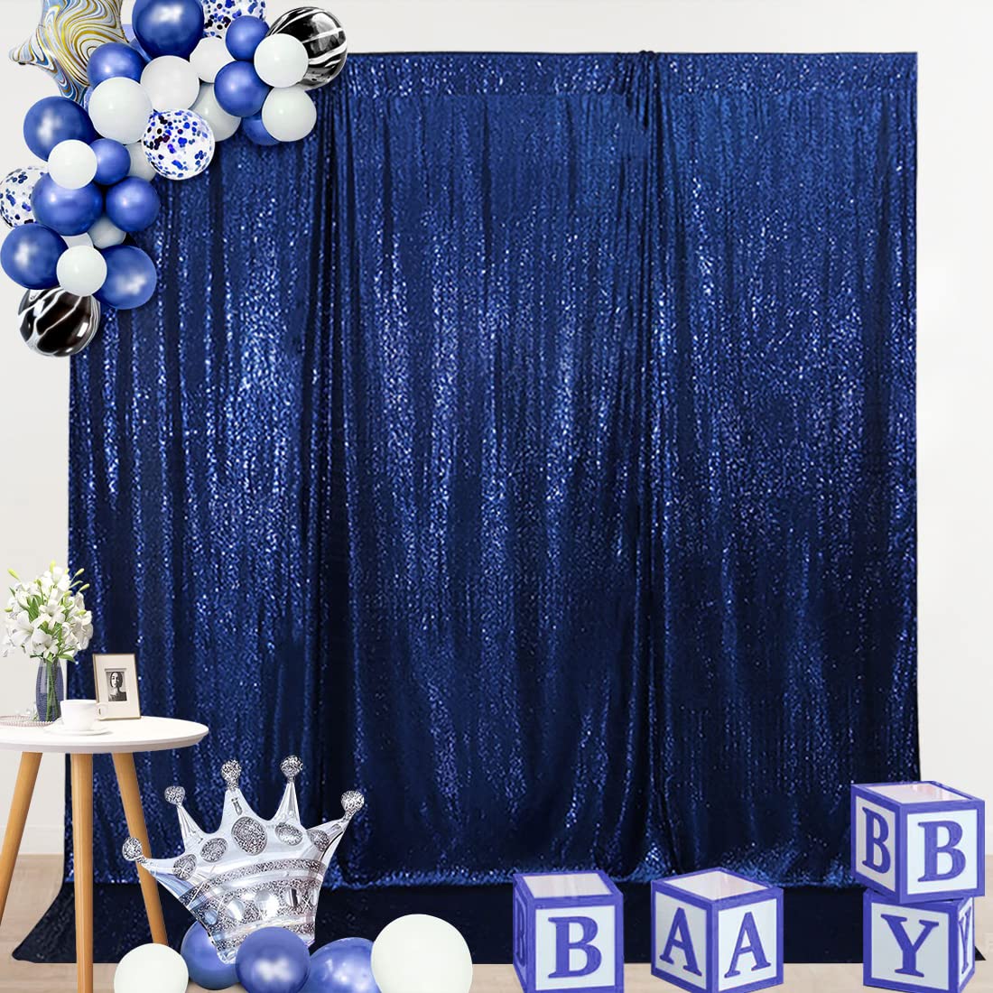 SquarePie Sequin Backdrop Curtain Not See Through Thick Background for Party 5FT x 7FT Navy Blue