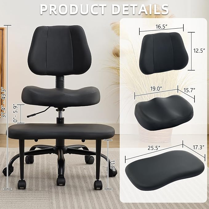 Ergonomic Cross Legged Office Chair, Criss Cross Chair with Wheels, 360°Swivel ADHD Meditation Kneeling Yoga Seat with Adjustable Height, Ergonomic Back Support and Leg Rest, Leather (Black)