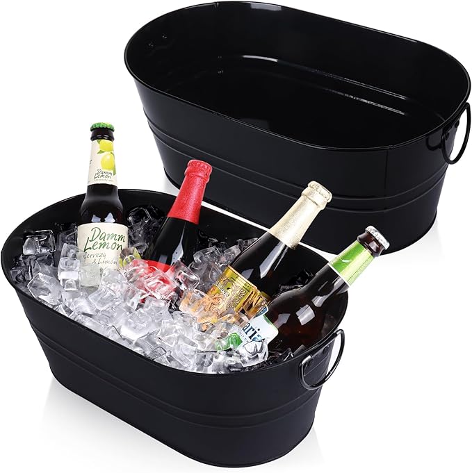 Galvanized Tub Beverage Tubs, 2pcs Metal Ice Buckets for Cocktail Bar 3 Gallon Wine Beer Drink Buckets with Handles Large ...