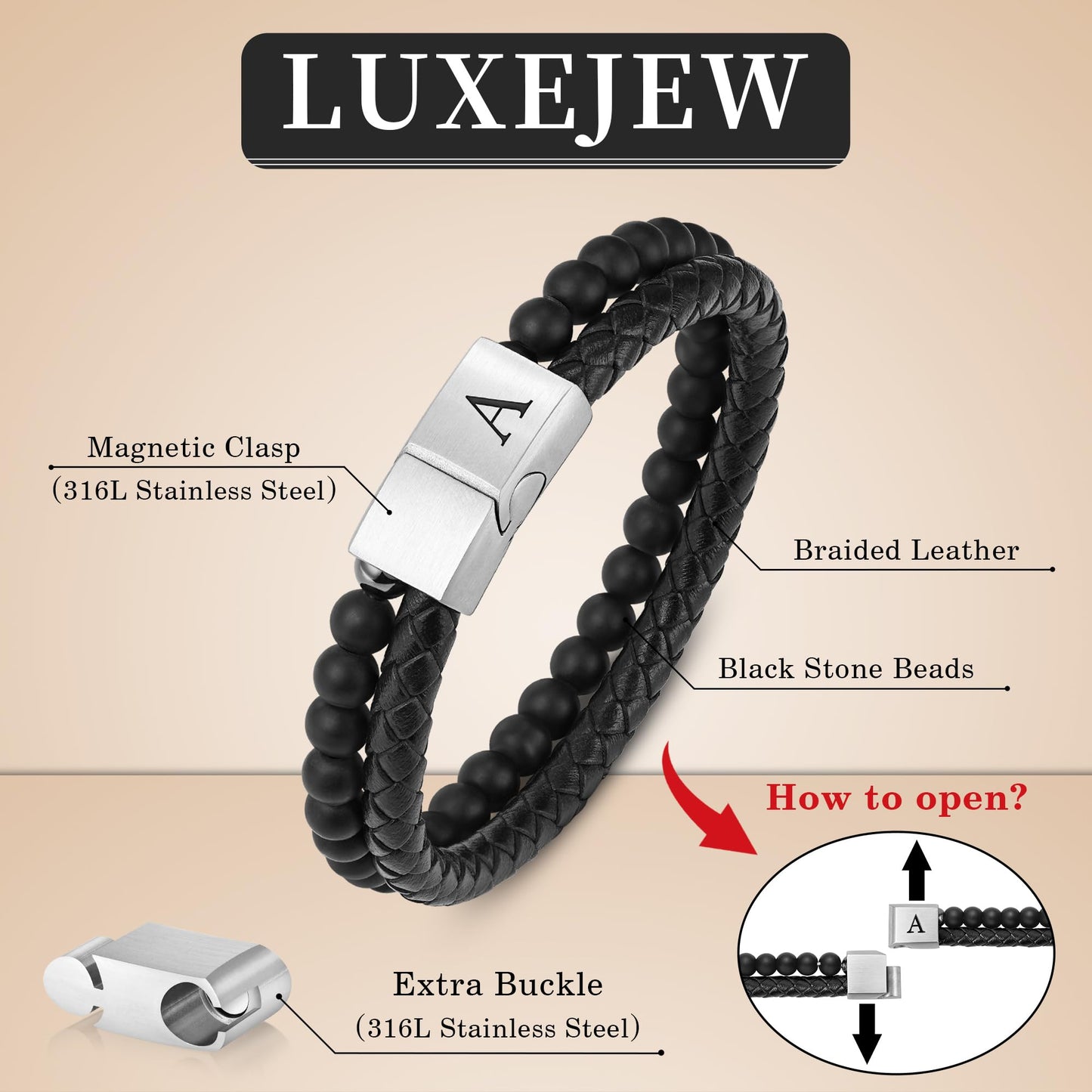 LUXEJEW Mens Bracelet - Letter M Initial Bracelet for Men Black Beaded Bracelets for Men 6mm Matte Agate Beads Stone Mens Leather Bracelets Birthday Gifts for Son Dad Husband