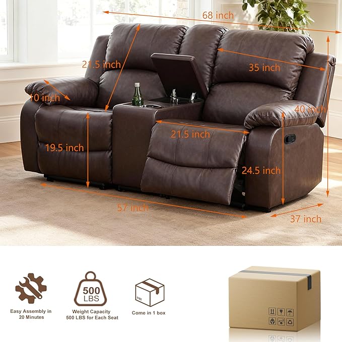 Saxum Tegmen Living Room Furniture Sets, Leather Recliner Sofa, Sectional Loveseat Couch with Cup Holders, 1 Piece Furniture Set for Living Room/RV/Office (Loveseat, Brown Leather)