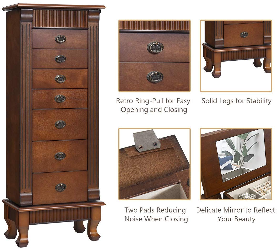 HOMGX Standing Jewelry Armoire Cabinet Storage Chest, Makeup Mirror and Top Divided Storage Organizer, Large Standing Jewelry Armoire with 7 Drawers, 2 Swing Doors, 12 Necklace Hooks