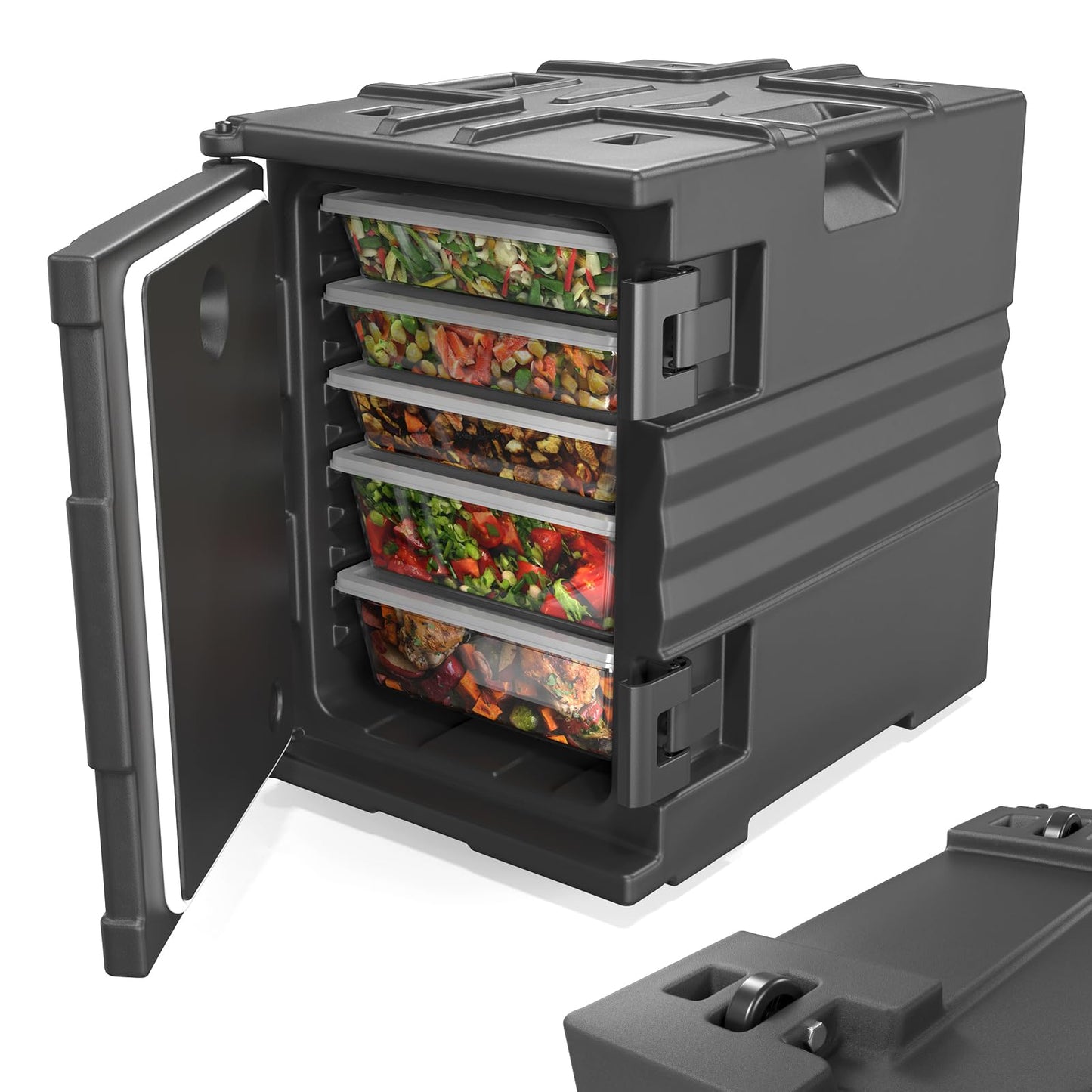 ROVSUN Hot Box Food Warmer 82 QT, Insulated Food Pan Carrier for 5 Full-Size Pan w/Wheels Double Buckles and Handles, Stackable Hot Boxes for Catering Restaurant Canteen Family Party