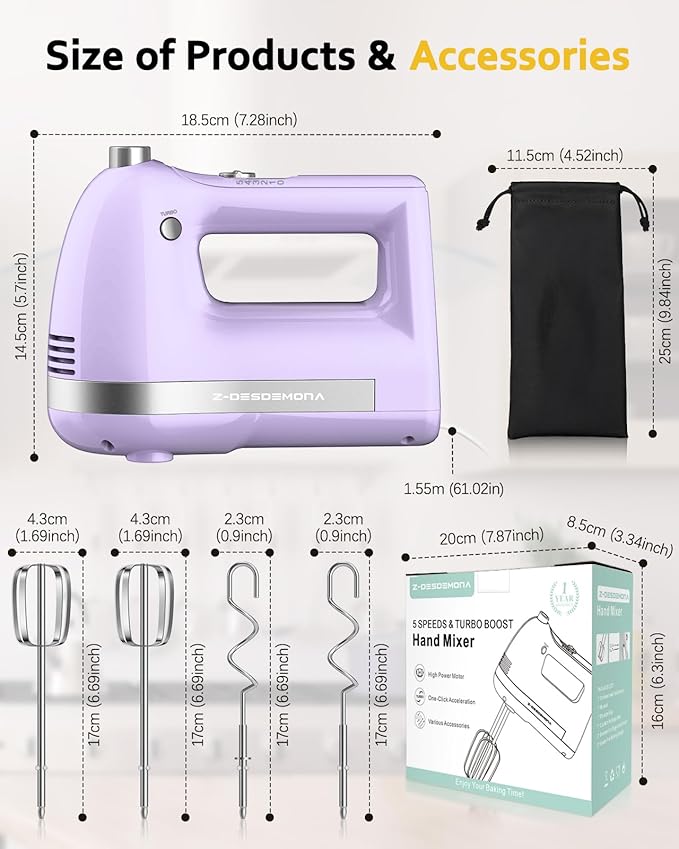 Electric Hand Mixer, Powerful 300W Hand Mixer Electric Handheld with 304 Beaters, Dough Hook,Hand Held Mixer with Turbo for Baking Cakes, Eggs, Cream Food(Purple)