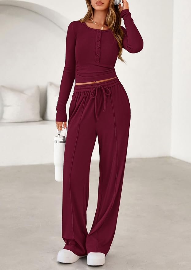 PRETTYGARDEN Women's 2026 Fall Trendy 2 Piece Outfits Lounge Sets Long Sleeve Top Henley Shirts Wide Leg Pants Travel Clothes