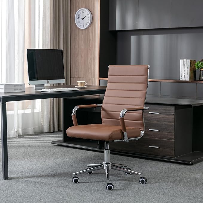 BOWTHY Home Office Chair Ribbed, Modern Leather Conference Waiting Room Chairs,Ergonomic Office Desk Chair, High Back Executive Computer Chair, Adjustable Swivel Chair with Arms (Brown)