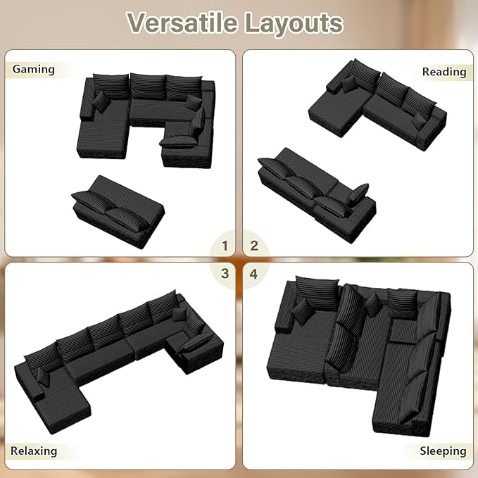 Cloud Sectional Couch with L-Shape Chaise, Upholstered Corduroy Couches Stupendous U Shaped Sofas, Modern Modular Comfy Sofa with Deep Seat for Living Room Bedroom, No Assembly Required, Black