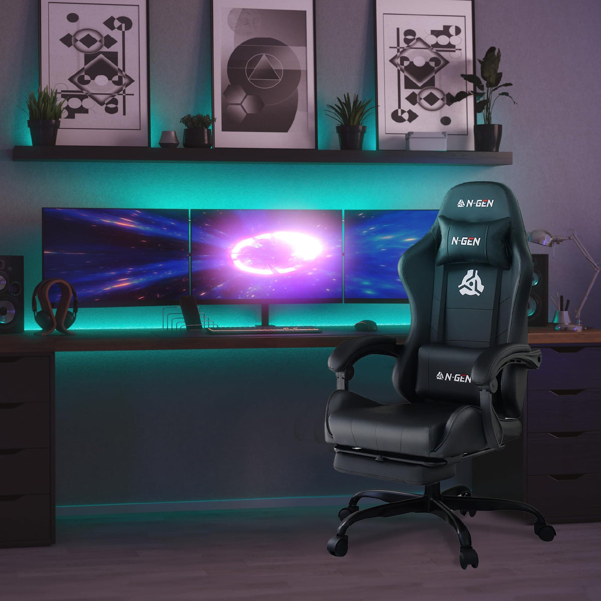 N-GEN GAMING Video Gaming Chair with Footrest Lumbar Support for Home Office High Back Recliner Height Adjustable Ergonomic Comfy Leather Computer Desk Chair (Black)