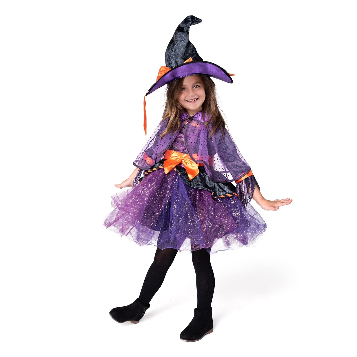Spooktacular Creations Child Girl Orange Purple Witch Costume, Toddler Witch Outfit Set with Broom for Kids Halloween Dress Up Parties (Toddler (3-4yr))