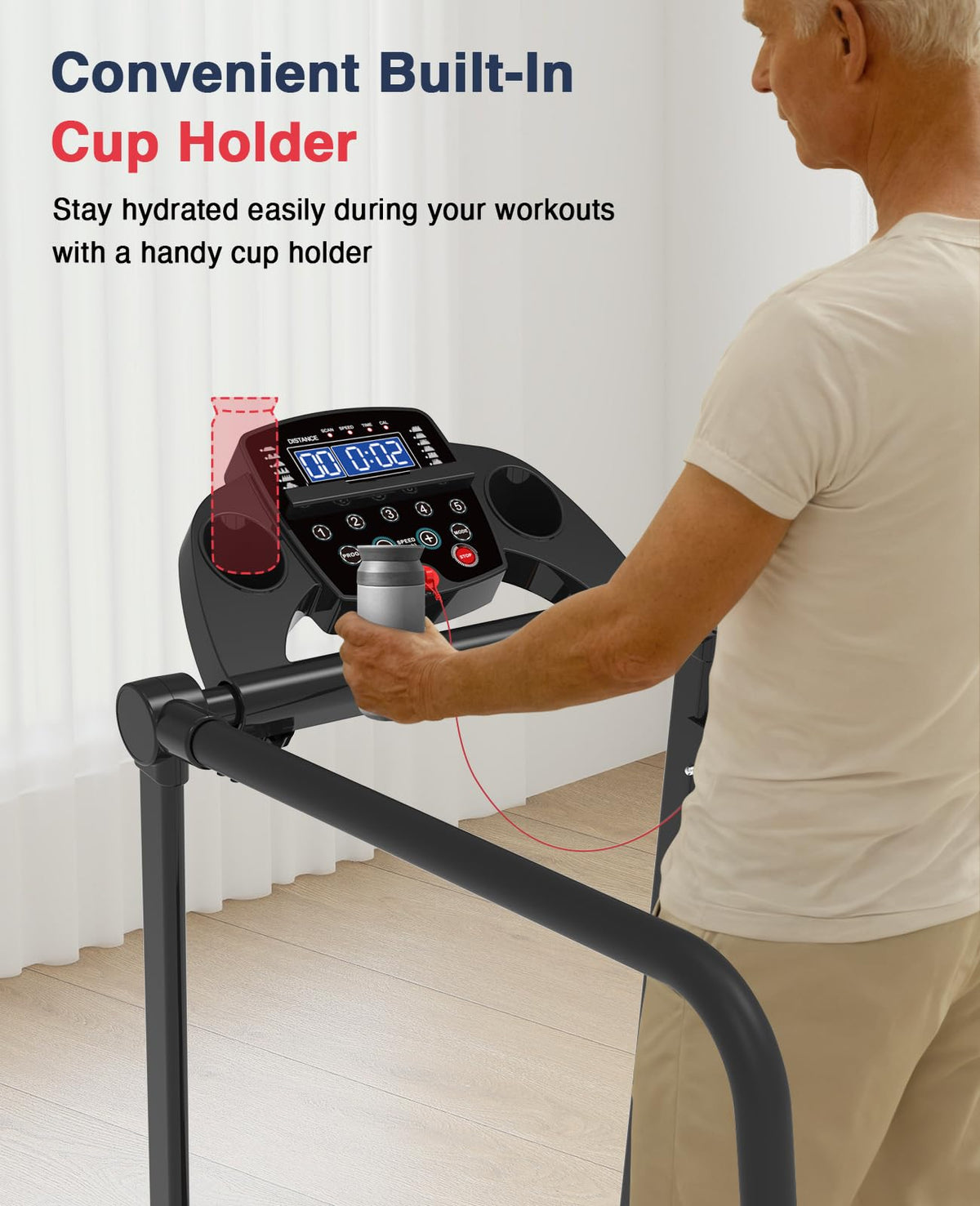 Redliro Walking Treadmill with Long Handrails – Treadmill for Seniors 300 lbs Capacity – Foldable, Lightweight with Wheels, Cup & Phone Holder – Recovery Machine for Home or Apartment