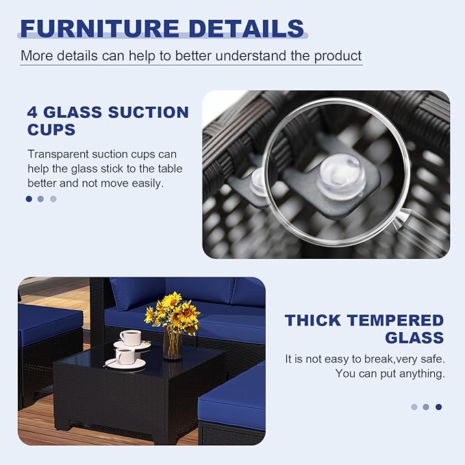 Ophelian 7 Pieces Outdoor Conversation Sectional Rattan Sofa, Patio Furniture Set, with Wicker and Cushions for Garden and Backyard, (Coffee/Deep Blue)