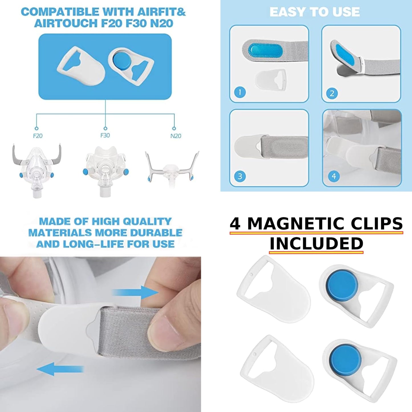 Serene Care 2-Pack Large Headgear Strap for AirFit F20/AirTouch F20 - Comfortable & Durable Replacement with Magnetic Clips – Breathable - Blue & Gray