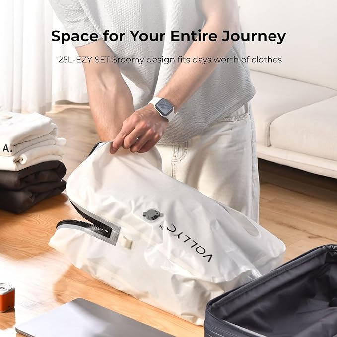 Travel Vacuum Bags with Pump, 25L Large Capacity Vacuum Bags for Travel, IPX7 Waterproof, Open Zipper, Reusable Space Saver Compression Bags for Luggage, Backpack, Suitcase, Home Storage