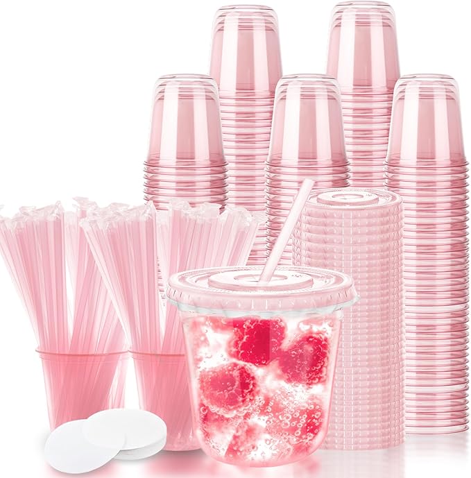 12oz Disposable Stemless Glasses with Flat Lids and Straws,PET Disposable Drinking Cups,Clear Plastic Wine Glasses for Par...