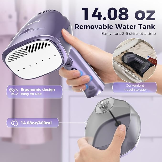 Vacuum Steamer for Clothes, Handheld Travel Garment Steamer with 3500Pa Suction and 400ml Big Capacity, 2-in-1 Steamer ＆ Iron with Large Ceramic Heat Panel, 110v-120v