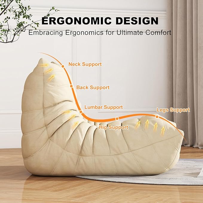 Snug Sofee Bean Bag Chair for Adults, Lazy Floor Sofa Couch - Adult Size with Soft Waterproof Fabric for Living Room, Apartments, Reading Corner, Gaming, and Movie Venue (White)