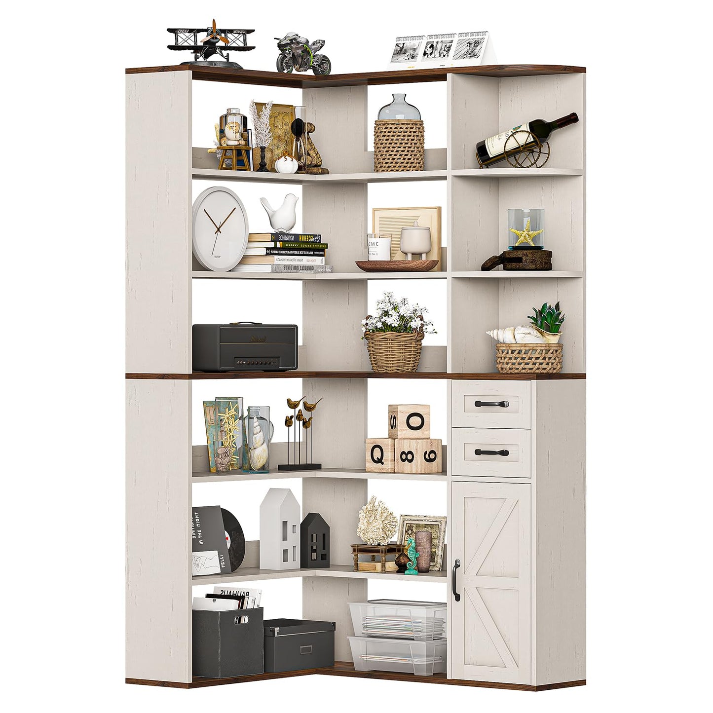 UPOSOJA 7-Shelf Farmhouse Corner Bookshelf with Lockers & Drawers, 71" L-Shaped Large Storage Shelf Display Rack for Bedroom, Living Room, Home Office (White Brown)