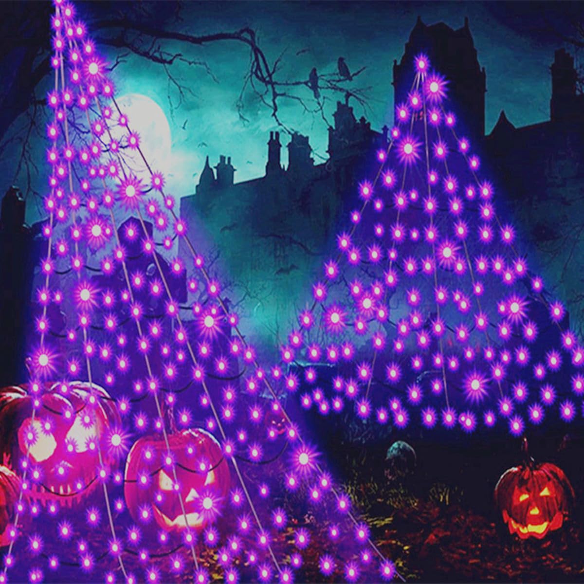 Halloween Decorations Spider Web Lights, 404 LED 16Ft*14Ft Purple Giant Led Spider Web Light with 8 Modes Purple Spider Web Lights for Patio, Garden, Haunted House Décor