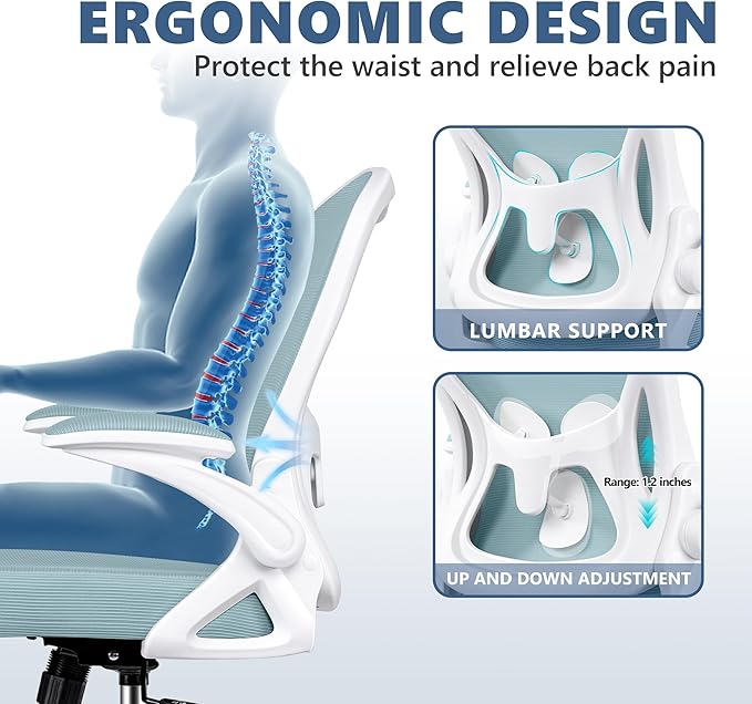 Winrise Ergonomic Office Chair, Mesh Desk Chair with Adjustable Lumbar Support, Flip-Up Armrests, Mid-Back Computer Swivel Task Rolling Chair, Light Blue