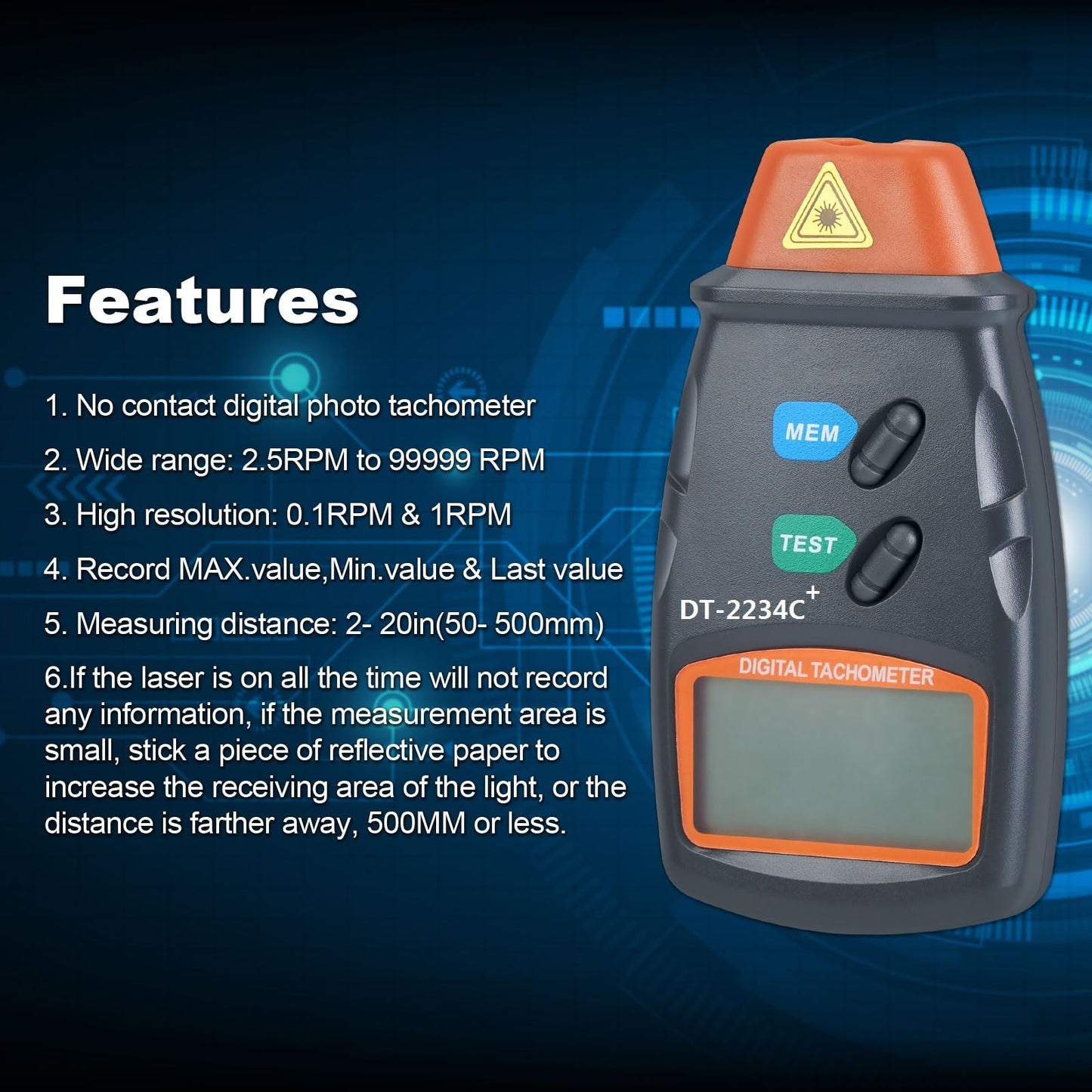 AGPtek® Professional Digital Laser Photo Tachometer Non Contact RPM Tach