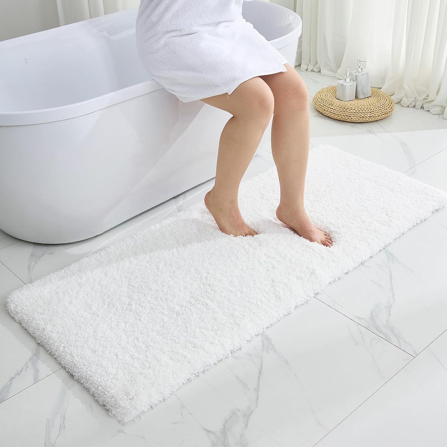 White Bathroom Runner Rug 24x70 Non Slip Fluffy Long Bath Mat for Bathroom Floor Washable Plush Luxury Bath Rug for Tub Absorbent Bathroom Shower Sink Mat Bedside Rug