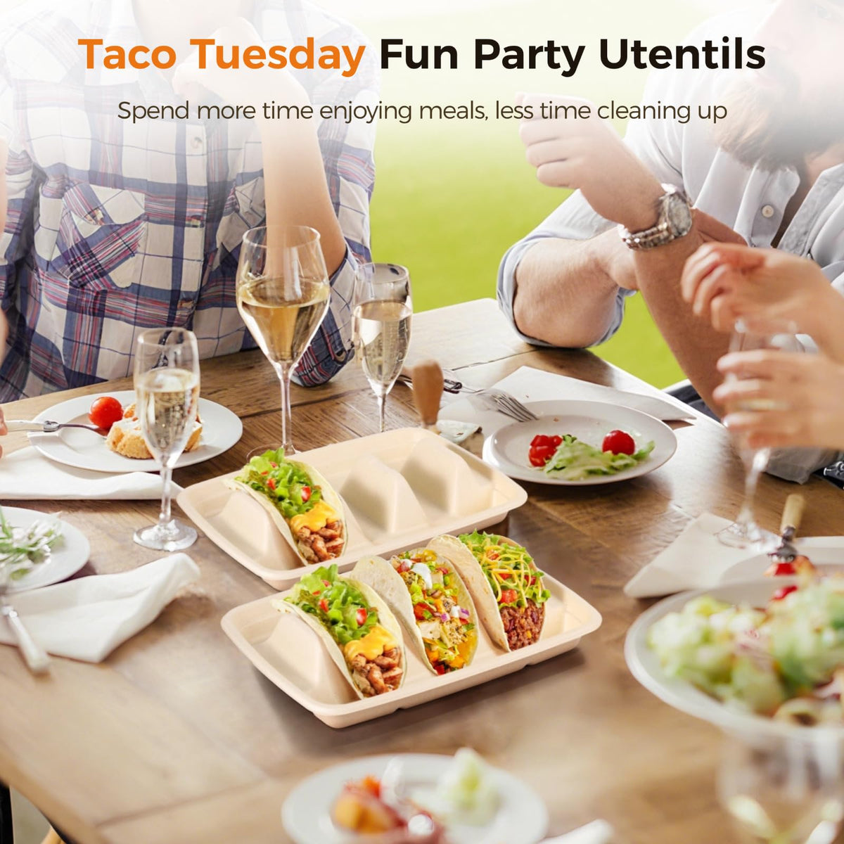JUSTDOLIFE 150 PCS Disposable Taco Holders for Party, Bagasse Pulp 3-Slot Taco Plates, Taco Plates With 3 Dividers, Recyclable Plant Fiber Food Serving Tray for Taco Sandwich Pancake Hot Dog