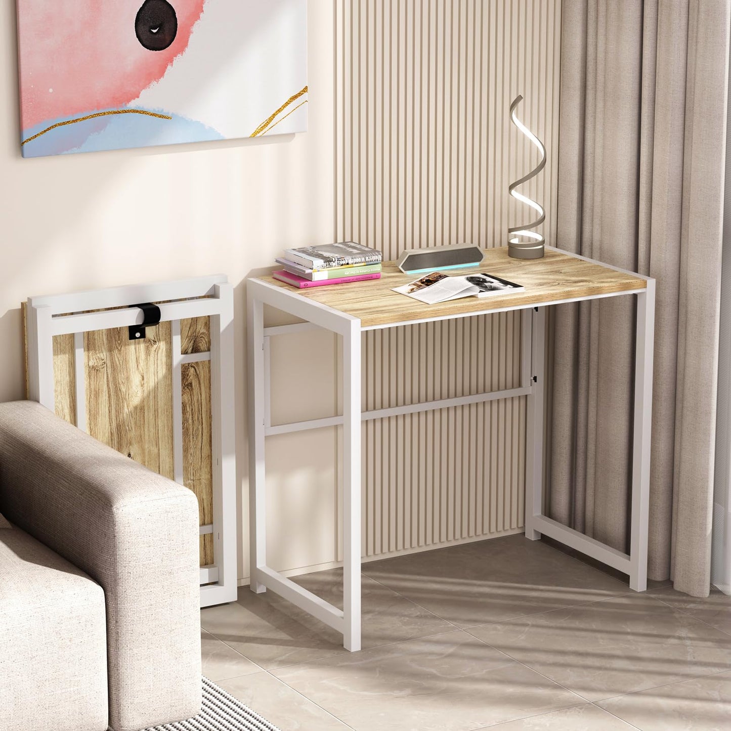 GreenForest Folding Desk No-Assembly, 31.5 in Small Desk for Small Spaces, Computer Desk for Home Office, Space Saving Foldable Table, Study Writing Desk, Oak White