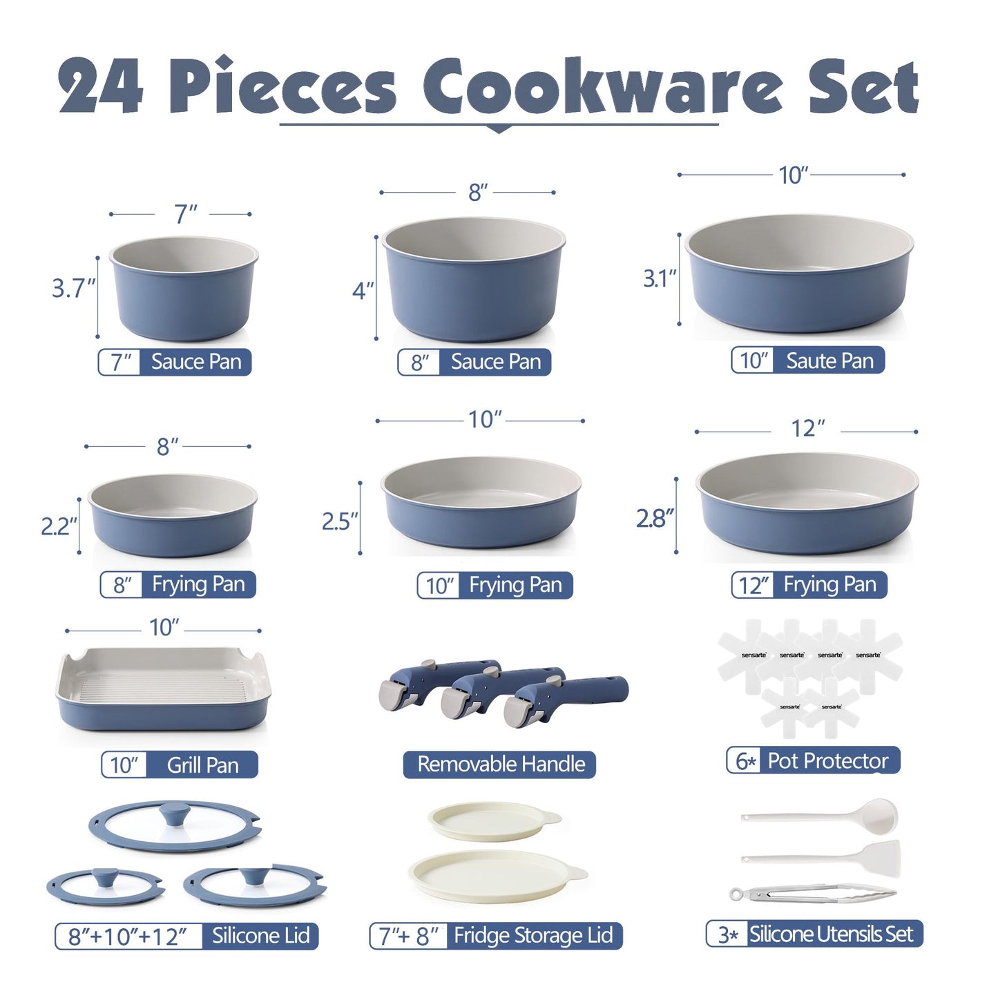 SENSARTE 24 Piece Ceramic Pots and Pans Set, Nonstick Detachable Handle Cookware, Induction Kitchen Cookware Set with Removable Handle, Healthy Non Stick for RV, Dishwasher＆Oven Safe, PFOA Free (Navy)