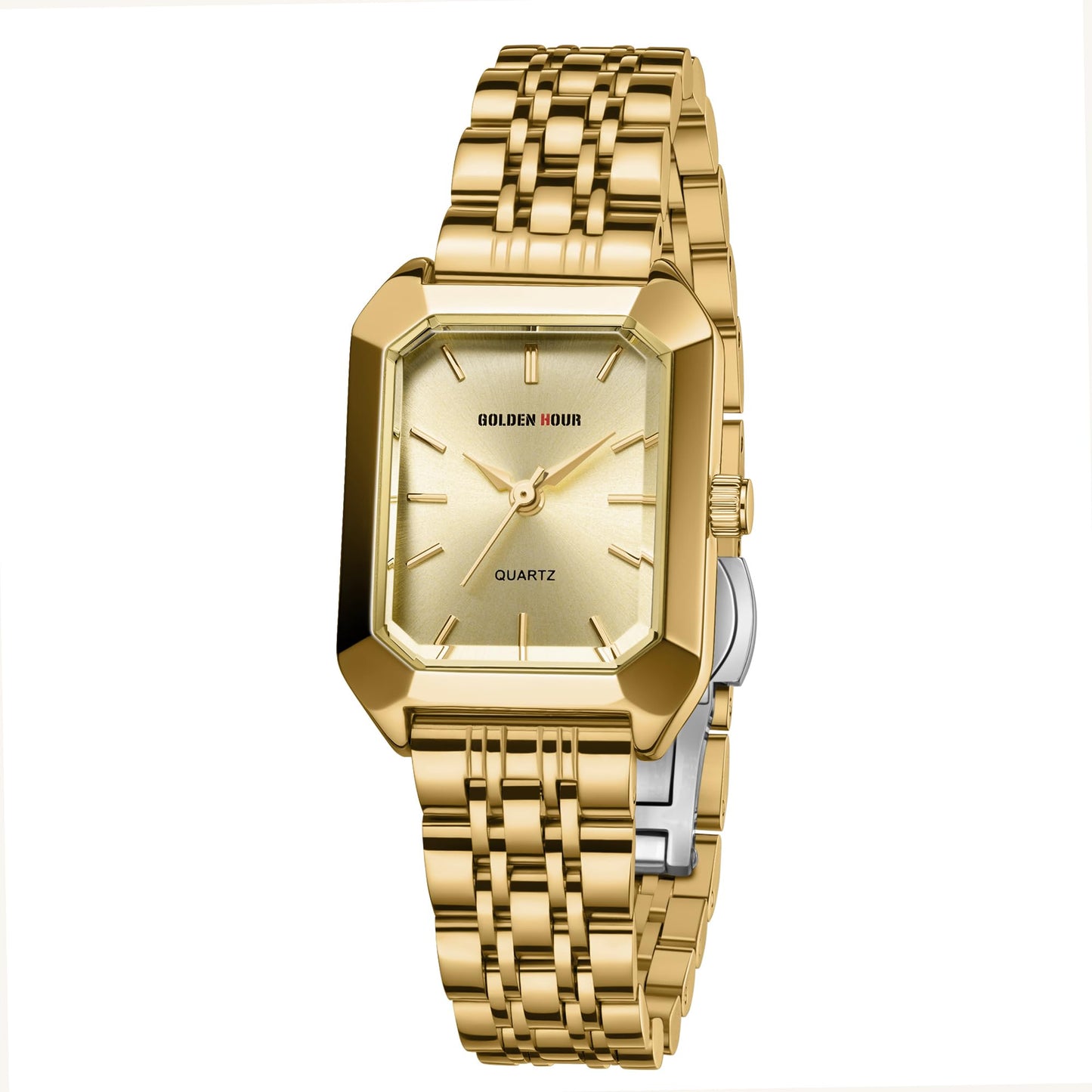 GOLDEN HOUR Women's Rectangular Quartz Watch, Gold Tone Stainless Steel Band, Gold Dial