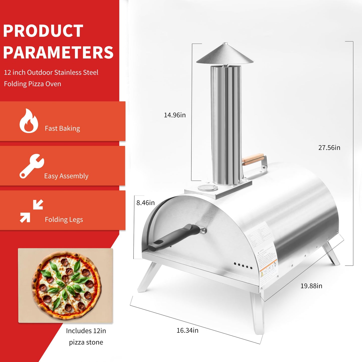 Rixordd 12" Wood Pellet Pizza Oven – Portable Stainless Steel Outdoor Pizza Maker with Built-In Thermometer, Foldable Legs, Carry Handle & Cordierite Pizza Stone for Backyard, Patio & Camping