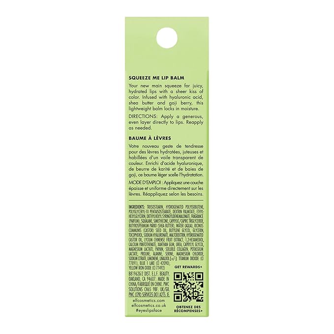 e.l.f. Squeeze Me Lip Balm, Moisturizing Lip Balm For A Sheer Tint Of Color, Infused With Hyaluronic Acid, Vegan & Cruelty-free, Honeydew
