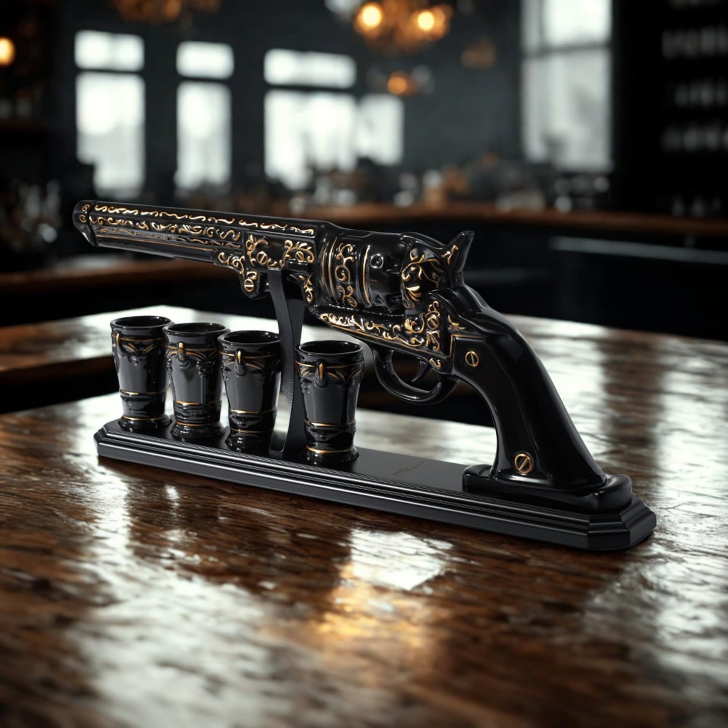 Gifts for Men Dad Hand Painted Pistol Gun Whiskey Decanter Set & Shot Glass - Black & Gold & 4 Bullet Shots - Unique Birthday Fathers Day - Gift for Brother, Cool Anniversary Present Him Husband
