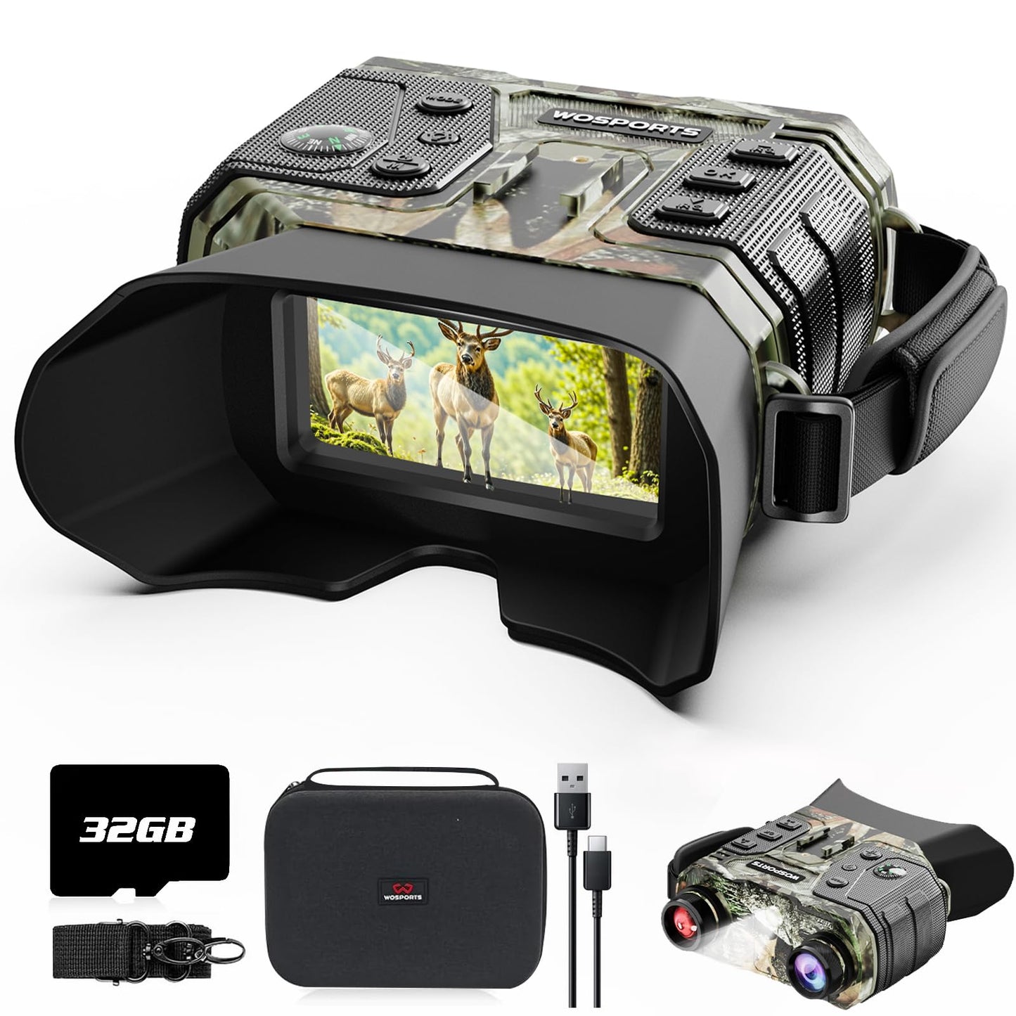 WOSPORTS 4K Night Vision Goggles with 1300FT Range, 8X Digital Zoom, 32GB Card, 15H Rechargeable Battery – Camo Design for Camping, Ideal Gift for Men