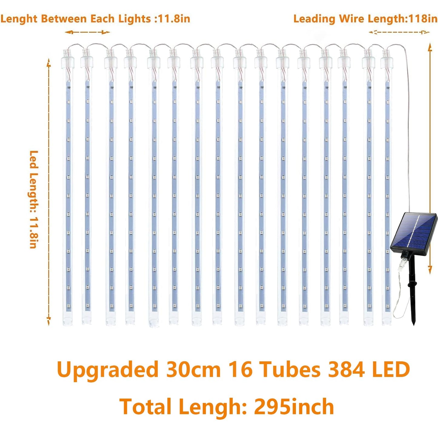 Solar Meteor Shower Lights,Solar Christmas Lights Outdoor Waterproof,16 Tubes 384 LEDs (Equivalent to 2 Sets of 8-Tube) Icicle String Light,LED Rain Drop Light for Tree Garden Decoration (Cool White)