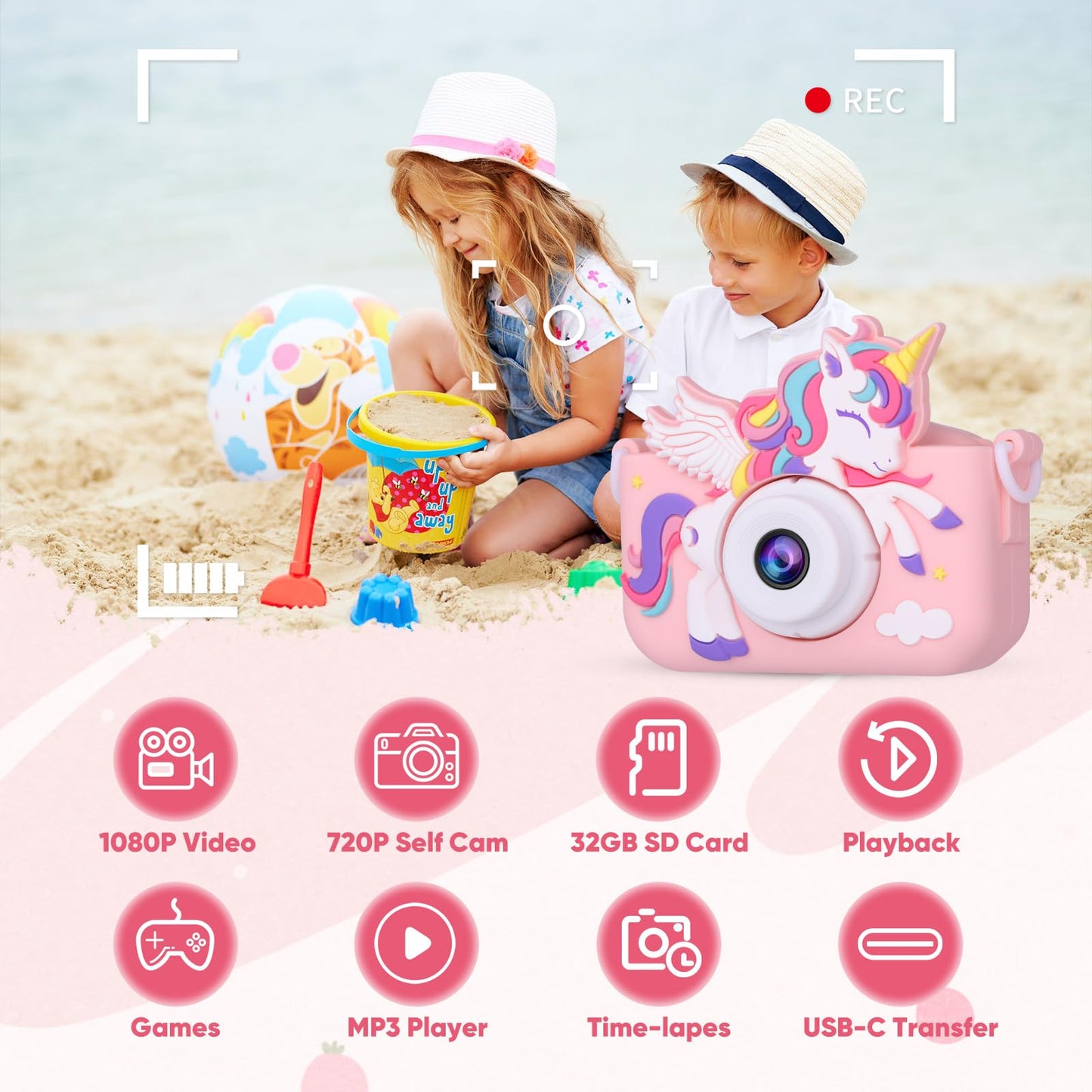 VisionX Unicorn Kids Digital Camera, Birthday Christmas Kids Toy Gifts for 5 6 7 8 9 10 Year Old Girls, 1080P HD Selfie Kids Camera Toys with 32GB Card