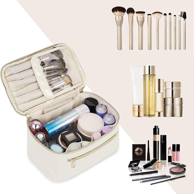 Wandering Nature Makeup Bag, Travel Make Up Organizer Cosmetic Brush Bags Case for Women in Vegan Leather, Milky White, Patent Pending
