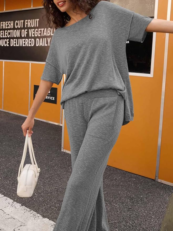 Tankaneo Women's 2 Piece Travel Outfits Casual Short Sleeve Knit Sweater Set Wide Leg Pants Lounge Sets Tracksuit