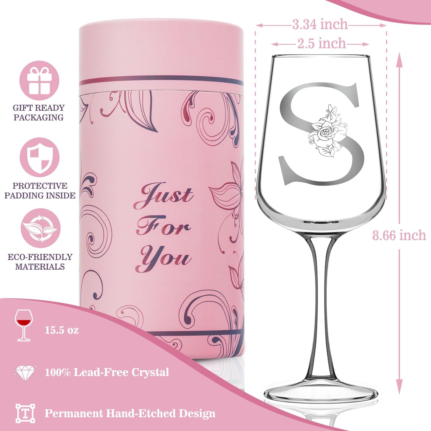 Personalized Monogram Wine Glass Gifts for Women - Customized A-Z Wine Glass with Gift Box & Greeting Card, Unique Birthday Anniversary Christmas Gifts for Her, Mom, Wife, Sister, Daughter, Friend (S)
