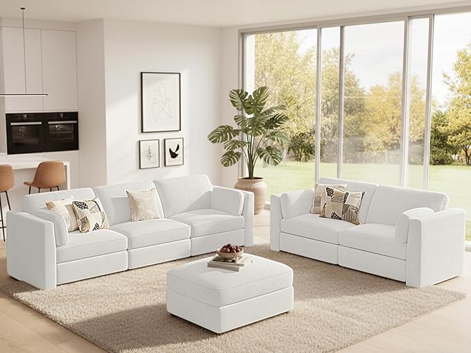 CUGOAO 153.4'' Oversized Sofa Set, Modular Sectional Sofa, Deep Seat Chenille Cloud Couch, Removable Cover, Mordern Upholstered Couches for Living Room, Apartment, Office, Beige