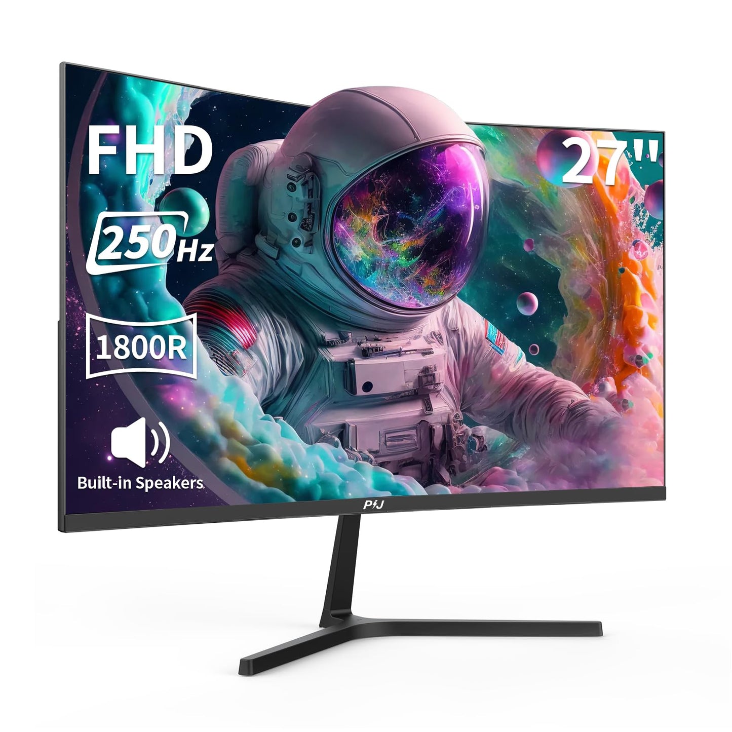 PIJ 27 Inch Curved Gaming Monitor 250Hz, FHD 1080p PC Screen Built-in Speakers, 1800R Computer Monitor with FreeSync, DisplayPort, HDMI, Wall Mountable, Eye Care for Home Office & Gaming