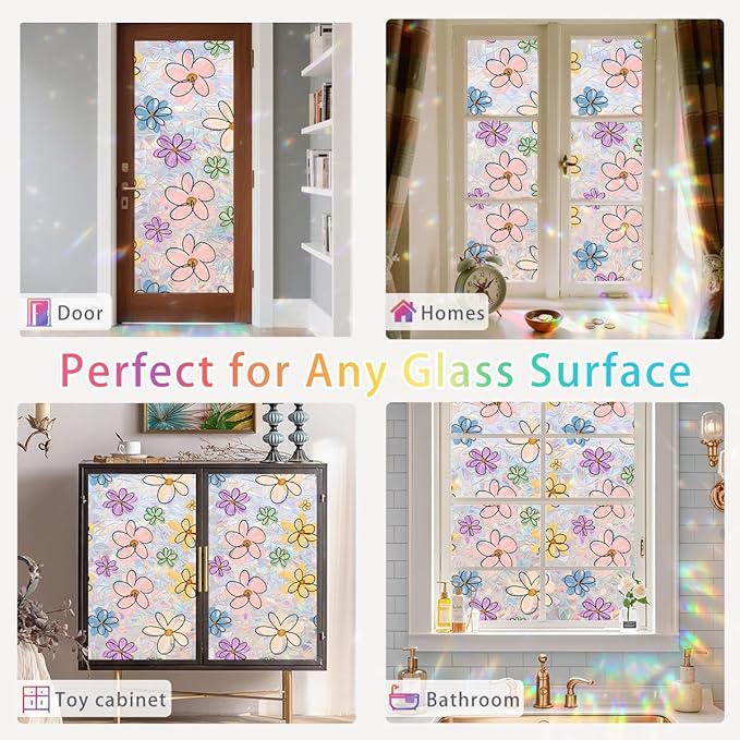 Daisy Flower Stained Glass Window Film Static Cling with Tools - 23.6 x 78.7 Inch Non-Adhesive Privacy Decorative Cute Rainbow Film for Windows, Doors, Sidelights - Easy Install & Remove
